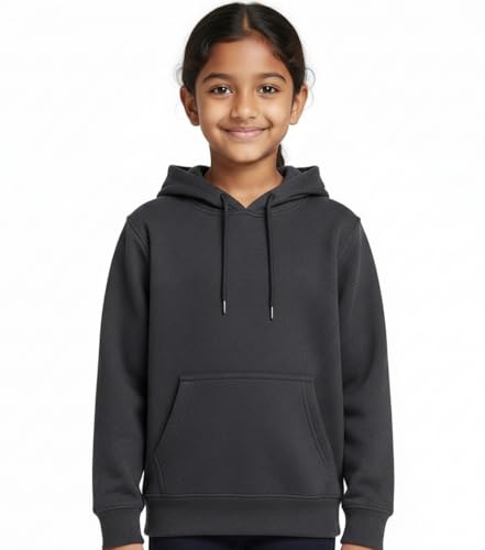Image of Solid Cotton Fleece Girls Hooded Neck Sweatshirt with Kangaroo Pocket