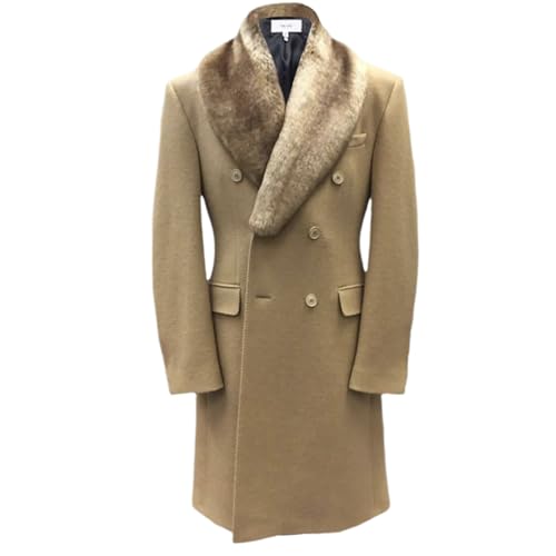 Image of Mens Fur Coats Winter Warm Double Breasted Business Trench Coat Casual Stylish Fur Shawl Collar Long Pea Coat
