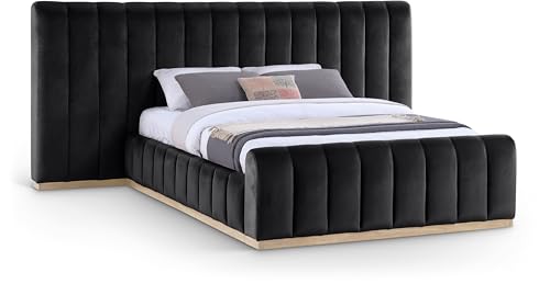 Image of Meridian Furniture AmaraBlack-Q117 Collection Modern | Contemporary Queen Bed, Ultra Luxe Black 460 GSM Velvet, Natural Finish, Solid Wood Base and Inner Frame, 117 inch W x 99 inch D x 51 inch H, Black, Queen