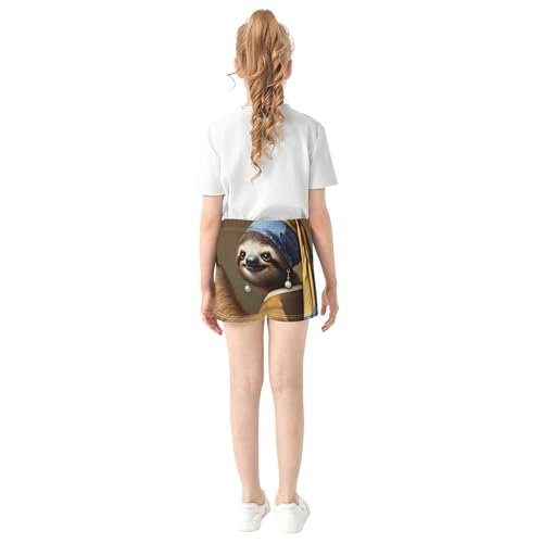 Girls Shorts Artistic Sloth Pearl Earring Print Cute Athletic Summer Activewear Pajama Shorts Teens Kids, X-Small3