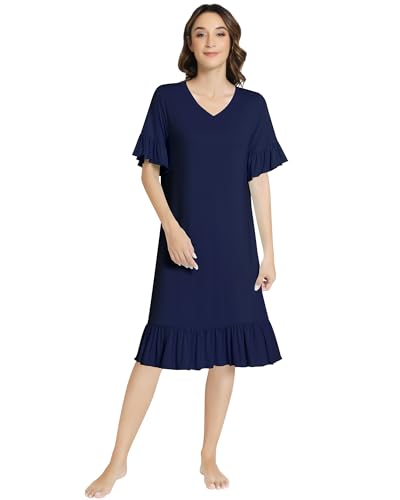 Image of NACHILA Bamboo Viscose Nightgowns for Women Short Sleeve V Neck Sleepwear