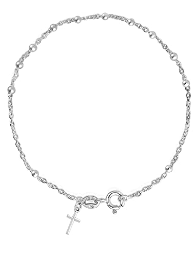 Savlano 925 Sterling Silver Italian Rosary Solid Bead Chain Cross Pendant 7 Inches Bracelet Comes With Gift Box for Women - Made in Italy