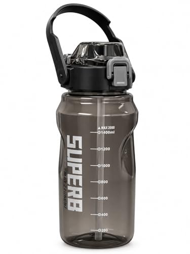 Image of Plastic Big Water Bottle 2 Liter with Straw Clear Motivational Time Marker Drink XL Jug with Handle for Sports Gym - Black