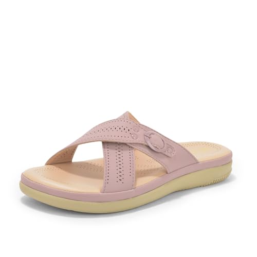 Image of SELBRO Women's Comfort Slip-On Sandals - Lightweight Criss-Cross Strap Flats with Laser-Cut Detail and Cushioned Footbed - Stylish Everyday Walking Flats SAR-CHD126