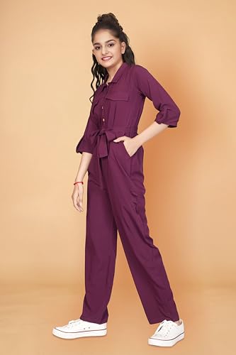 Image of Jwalin Girls Front Button Flap Pocket Belted Jumpsuit (Wine 13-14 Years)