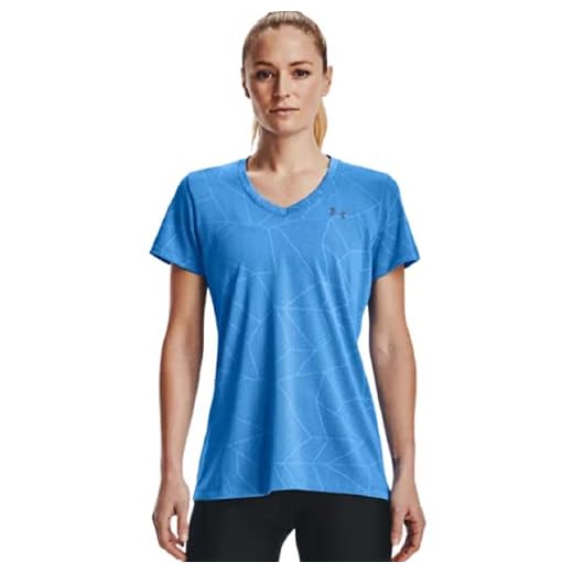 Under Armour Women's Tech Short Sleeve V-Neck Marble Jacquard (Water (464)/Metallic Silver, Small, s)