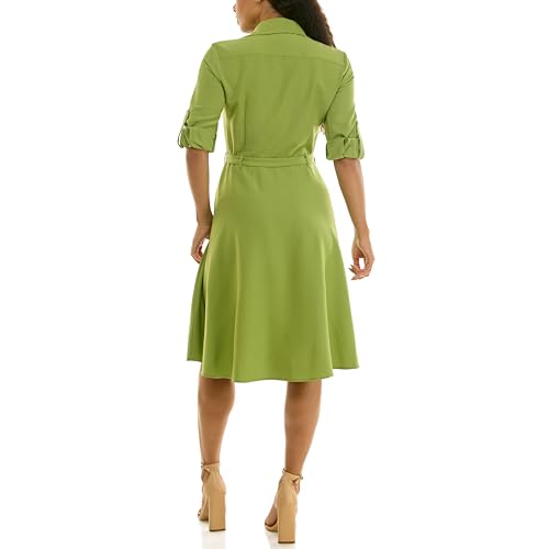 Image of Sharagano Women's Pleated Shirt Dress - 3 /4 Sleeve, V-Neck, Gold Buttons