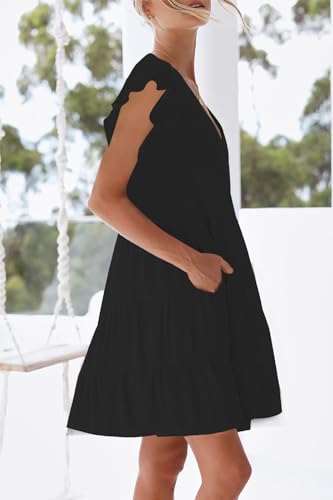 Image of nclook Womens Summer Casual Dresses Sweet Cute V Neck Mini Dress with Pockets Ruffle Short Sleeve