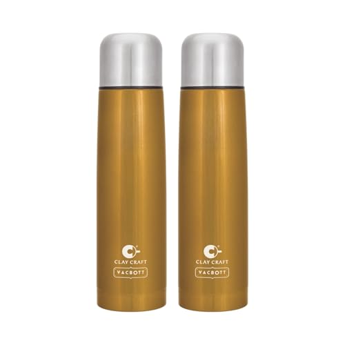 Image of Clay Craft VACBOTT Terra Double Walled 18 Hours Hot and 24 Hours Cold Water Bottle-750ML, 2-Piece(Gold) Leak Proof|Easy to Carry|Gym Bottle|Home|Kitchen|Hiking|Travel Bottle|BIS Certified