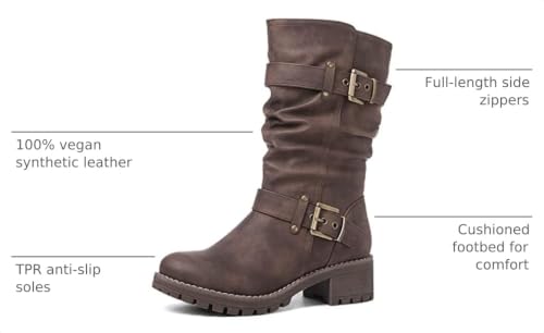Image of GLOBALWIN Chunky Mid Calf Fashion Dressy Motocycle Biker Military Style Combat Boots for Women Low Heel