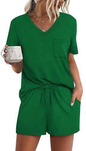 Image of RUBZOOF Women's Short Sleeve Pajama Sets with Pockets Casual V Neck 2 Piece Lounge Sets S-3XL
