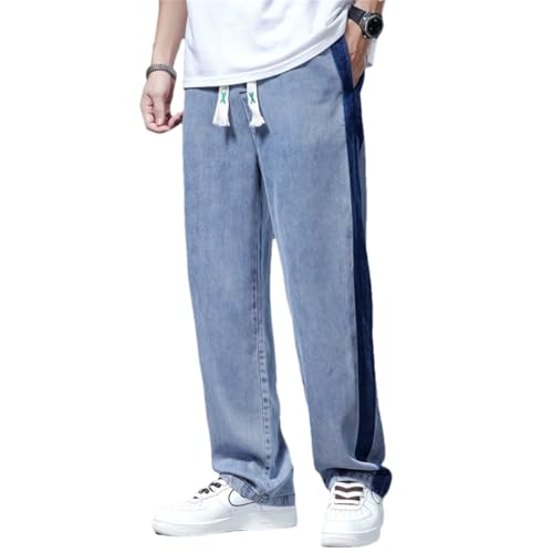 Men Streetwear Baggy Jeans Fabric Straight Wide Pants Thick Korean Trousers Blue 3XL
