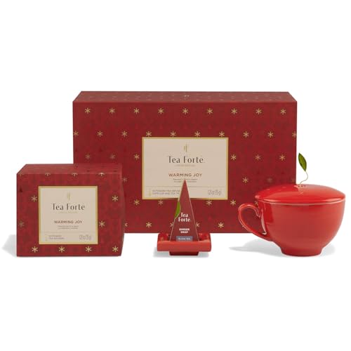 Tea Forte Warming Joy Holiday 3-Piece Premium Tea Gift Set with Red Cafe Cup and Lid, Tea Tray and 10 Count Mini Presentation Box, 2 of Each Blend Handcrafted Pyramid Infuser Tea Bags