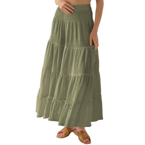 Amazhiyu Womens Maxi Skirt, Summer Maxi Boho Skirt Pleated A Line Skirts, Flowy Renaissance Skirt with Pockets Elasticated Waist Green Medium