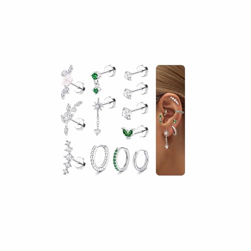 LOLIAS 16 Gauge Cartilage Earrings for Women Flat Back-Hypoallergenic Surgical Stainless Steel Stud Hoop Cartilage Earring Set Daith Conch Tragus Helix Piercing Jewelry Single PC Silver Plated Green