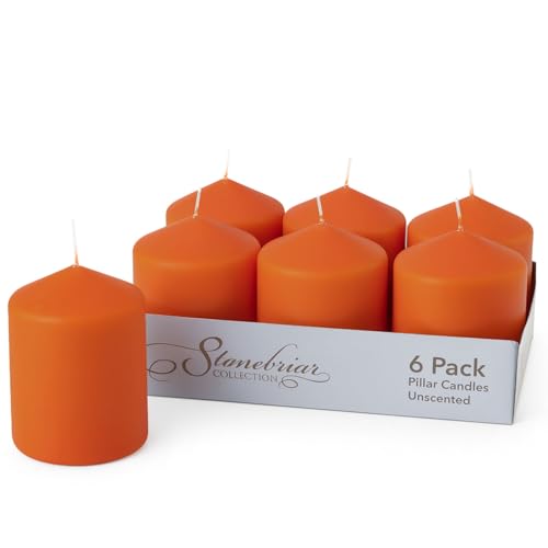 Image of Stonebriar Unscented Pillar Candles - 35 Hour Burn Time, Long-Lasting Wax Candles for Weddings, Holidays, Home Decor & Special Events, Pack of 6, Orange, 3 inch x 4 inch