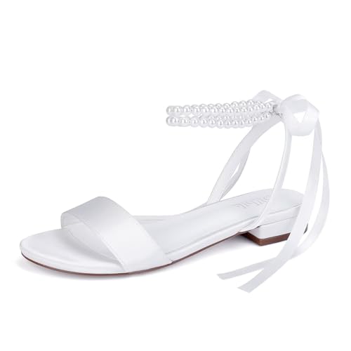 Image of Satin Wedding Flats for Bride Pearl Sandals Open Toe Bridal Shoes Flat Wedding Shoes for Bride
