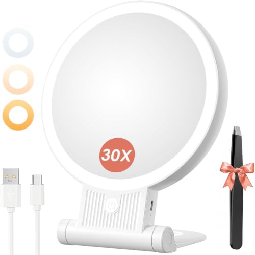 Auxmir Miroir Grossissant Lumineux Double Face 1X/30X, Miroir Maquillage 3 Couleurs D'éclairage, Luminosité Réglable, Batterie 2000mAh Rechargeable, Support 360°, Mural/Portable/Pliable