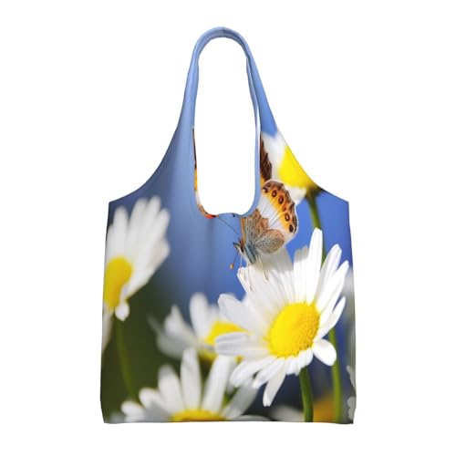 Canvas Tote Bag for Women Shoulder Tote Purse Reusable Grocery Bag Butterfly On Daisy Aesthetic Shopping Bags