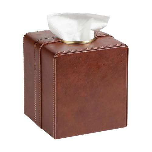 Cretkhp Luxury Square Tissue Box Cover, PU Leather Tissue Box Holder with Magnetic Closure and Gold...