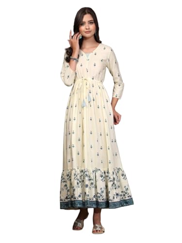 Image of Daevish Women's New Rayon Printed Tie-up Waist V Neck Flared Maxi Dress | Women Flared Dress