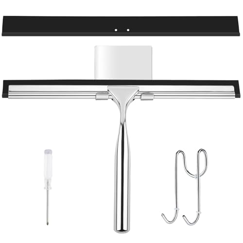 WUFANC 25CM Rasqueta Limpiacristales Acero INOX., Limpia Mamparas Ducha Cristal con 2 Hoja de Silicona y 1 Gancho, Necesidad de Taladrar, Puede Limpiar Baños, Cocinas y Ventanas de Automóviles