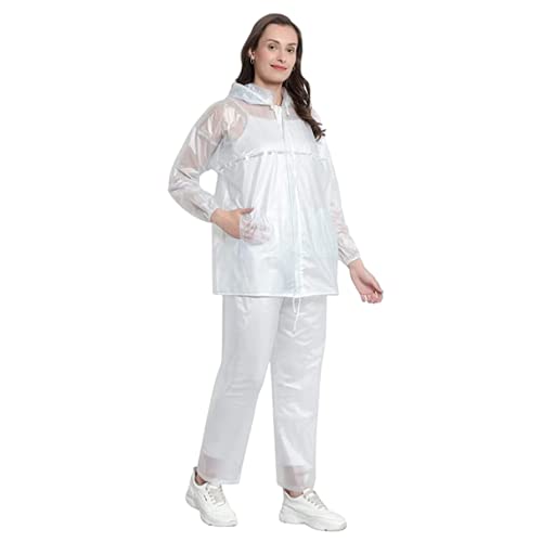 ZIYA FASHIONWaterproof Rain Coat for Women with Pants Polyester, WHITE, M