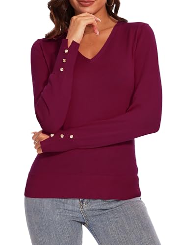 Image of Spicy Sandia Women's V Neck Pullover Sweaters with Dressy Cuffs | Long Sleeve Business Casual Knit Tops