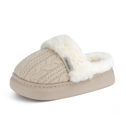 Plush Knit Women's Slippers - Warm Fuzzy Fleece Lining Slippers for Women, Non-Slip Sole Fluffy Memory Foam Slip-On Scuff House Slides Shoes for Indoor & Outdoor, Odor Resistant Bedroom
