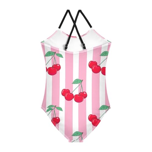 CHIFIGNO Cherry Pink Stripes Toddler Girls Bathing Suit Quick Dry Crossback One Piece Swimsuit Girls 3T2