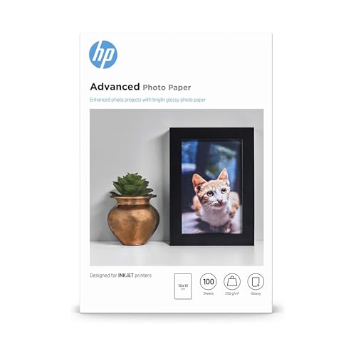 HP Advanced Glossy Photo Paper, Q8692A, 100 hojas de papel fotográfico satinado avanzado, compatible con impresoras de inyección de tinta, 10 x 15 cm, peso del material de impresión 250 g/m²