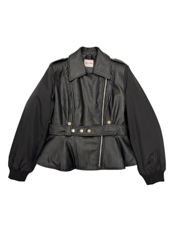 Denny Rose Chaqueta Biker de piel sintética Inserciones de nailon Cuello con solapas Mostrine en los hombros Cinturón Coordinado Cierre de doble pecho con cremallera Forro interior, Negro , 42