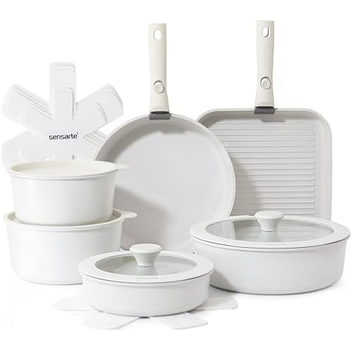 SENSARTE 17 Piece Nonstick Detachable Handle Pots and Pans Set White