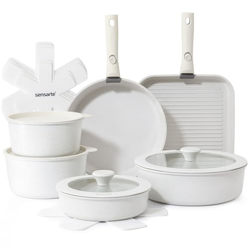 SENSARTE 17 Piece Pots and Pans Set, Nonstick Detachable Handle Cookware Set, Induction Kitchen Cookware Set with Removable Handle, Healthy Non Stick for RV, Dishwasher & Oven Safe, PFOA Free (White) by SENSARTE - Used condition - US$83.53