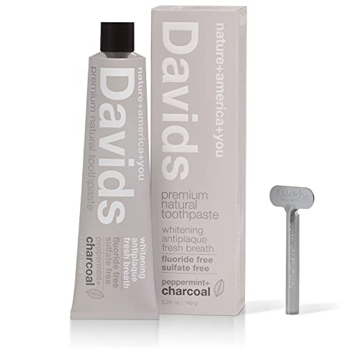 Davids Charcoal Toothpaste for Enhanced Teeth Whitening, Peppermint, Antiplaque, Flouride Free, SLS Free, Enamel Safe, Toothpaste Squeezer Included, Recyclable Metal Tube, 5.25oz