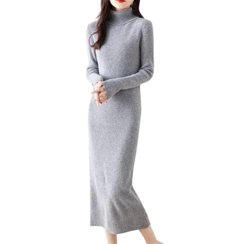 Langes Wollkleid für Damen, Herbst/Winter, schmaler Look, dünne Kleider, solider Rollkragen, Strick-Maxi-Pulloverkleid, grau, M