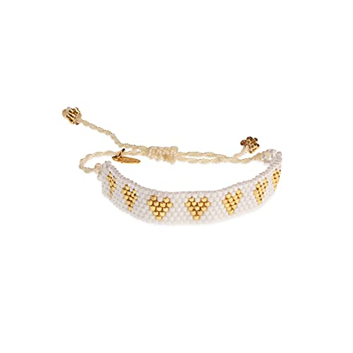 Mayfer Boho| Set Of Three Adjustable Miyuki Delica Beaded Bracelets Made By Huichol Artisans In Gold And White Color, Evil Eye Good Luck, Hearts And Crystal Designs #TOP2