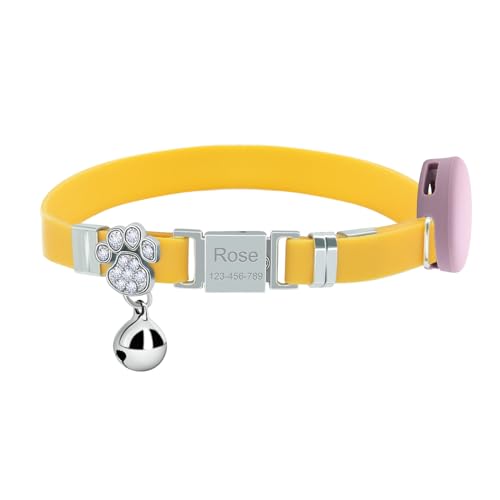 Personalized Safety Soft Silicone Air Tag Cat Collars with Bell,Laser Customized Stretch Kitten Collars for Girls Boys Cats (Yellow)