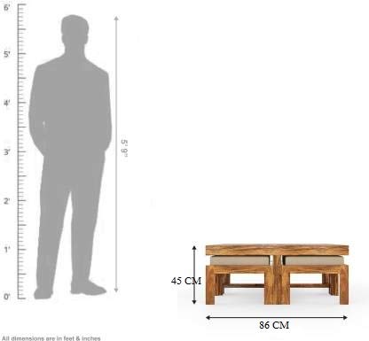 Image of Solid Sheesham Wood Coffee Table with 4 Nesting Stools, Square Center Table for Living Room, Space-Saving Design, (Maple Finish)