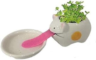 Seven Century Mini Ceramic Plant Pots Cute Self Watering Animal Planter Drinking Animal Tongue for Home Office Desktop Decoration (Cat)