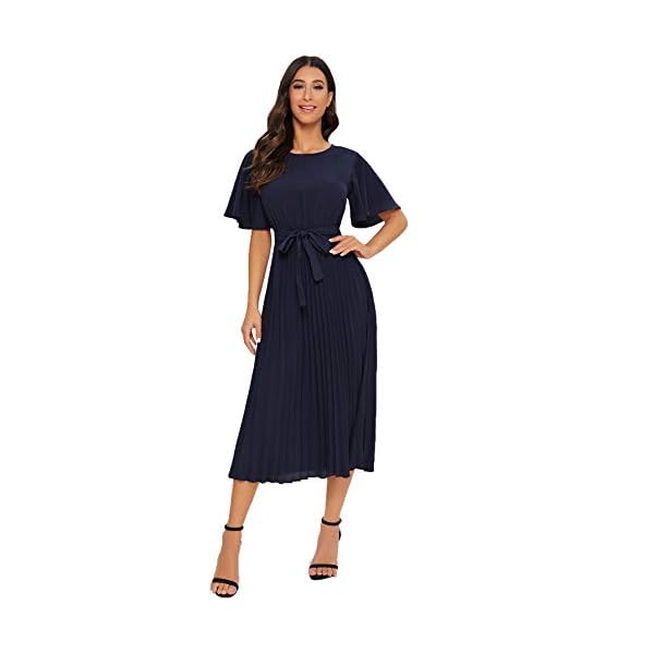 Milumia Women's Elegant Belted Pleated Flounce Sleeve Long Dress Navy Blue Large