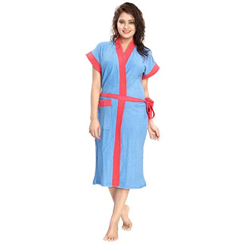 Image of bathrobes terry cotton free size bathrobe for women, bathsuit fit up to 42 inches chest size ladies - Red Strip Blue bathrobe