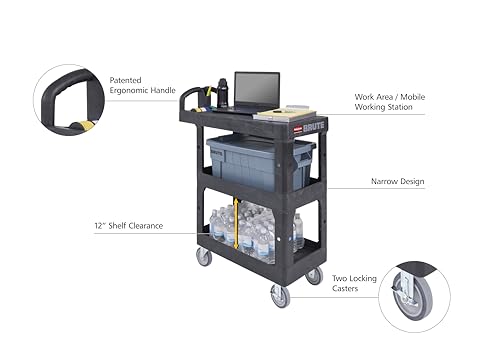 Image of Rubbermaid Commercial BRUTE Heavy Duty 3-Shelf Utility /Service Cart, Small, Flat Shelves, Ergonomic Handle, 600 lbs. Capacity, for Retail Stores /Garage /Cleaning /Maintenance