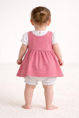Image of Baby Girls Frock Dress with Bloomer Set | Short Sleeve Polka Dot Inner Layer & Bow Detail Special for 0-6 Months