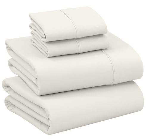 RUVANTI 100% Cotton Sheets Queen Size Set, 4 Pieces, Soft & Breathable Percale Weave Bedding, Deep Pocket 16", Hotel Standard, Crisp Cool Feeling, Durable, Perfect Dyed Bed Sheet, Ivory