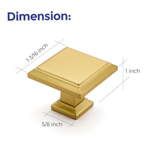 Image of Ravinte 10 Pack 1-3 /16 Inch Brushed Brass Kitchen Square Cabinet Knobs Solid Drawer Pulls Gold Single Hole Kitchen Cabinet Hardware Knobs for Cabinets and Drawers