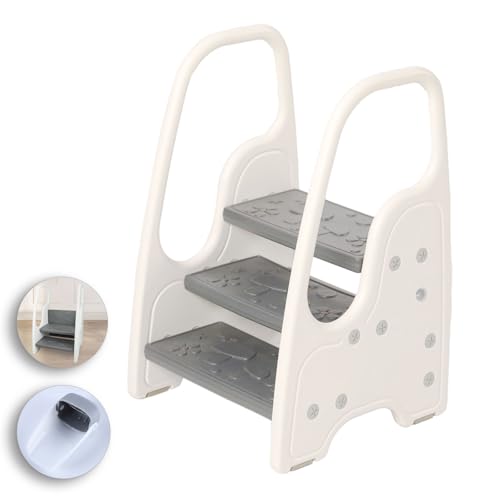 Toddler Step Stool for Bathroom Sink,Adjustable 3 Step Stool for Kids,Kitchen Standing Tower,Children Learning Helper Stool with Safety Handles and Non-Slip Pads,Grey