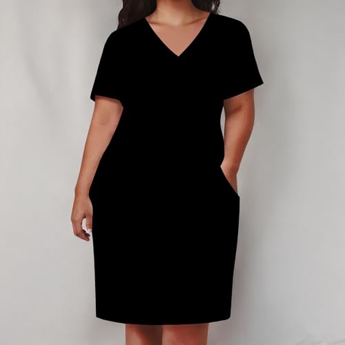 Image of Women Casual T-Shirt Dress V Neck Short Sleeve Solid Color Oversize Dress with Front Two Pockets