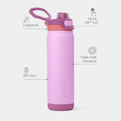 Image of ZULU Powerfill Pro 24oz Stainless Steel Water Bottle with Quick Fill Lid, Triple Walled Vacuum Insulated Metal, Leak Proof Locking Lid, Sip and Chug, Reusable BPA Free, Sherbert