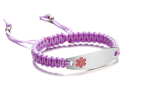 JF.JEWELRY Handmade Nylon Rope Braided Medical Alert ID Bracelet for Kids Boys and Girls, Purple, Adjustable